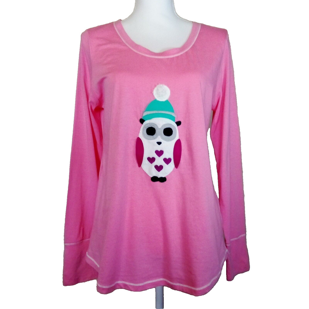 Kensie Pink Owl Pajama Top with Teal Hat Accent